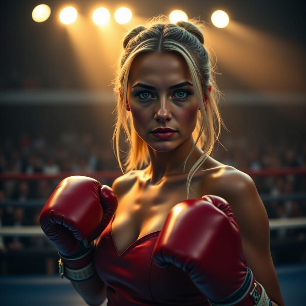 Female Boxer in Crimson Gloves Under Dramatic Spotlight