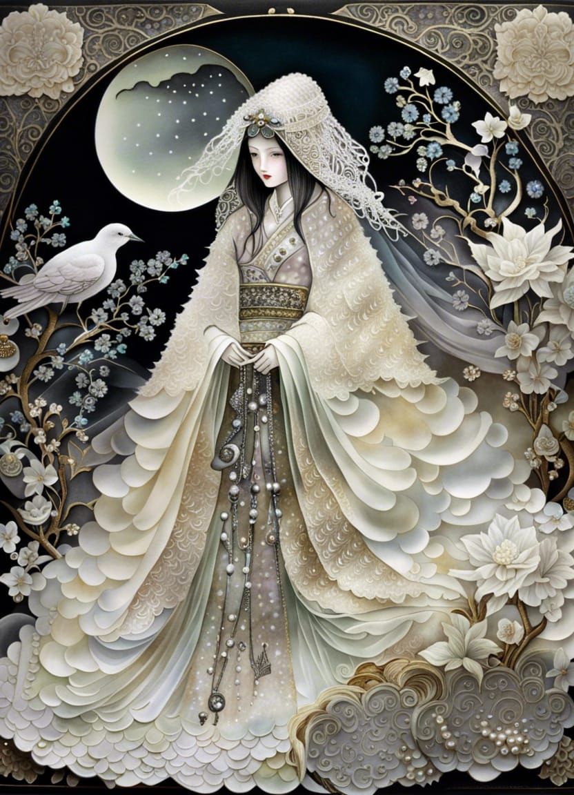 Ghostly Yuki-Onna with Sword in Mixed Media Collage
