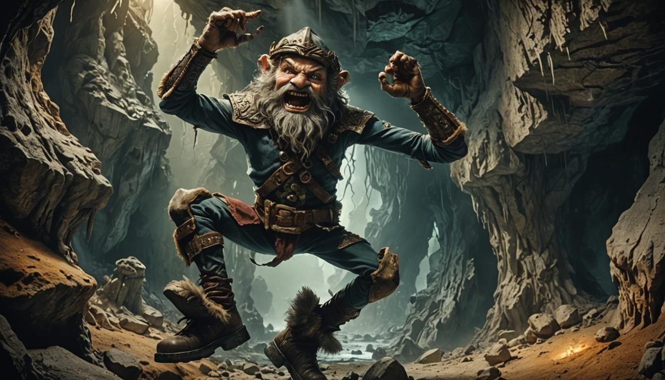 Cinematic Evil Dwarf Jumps in Cave with Boots