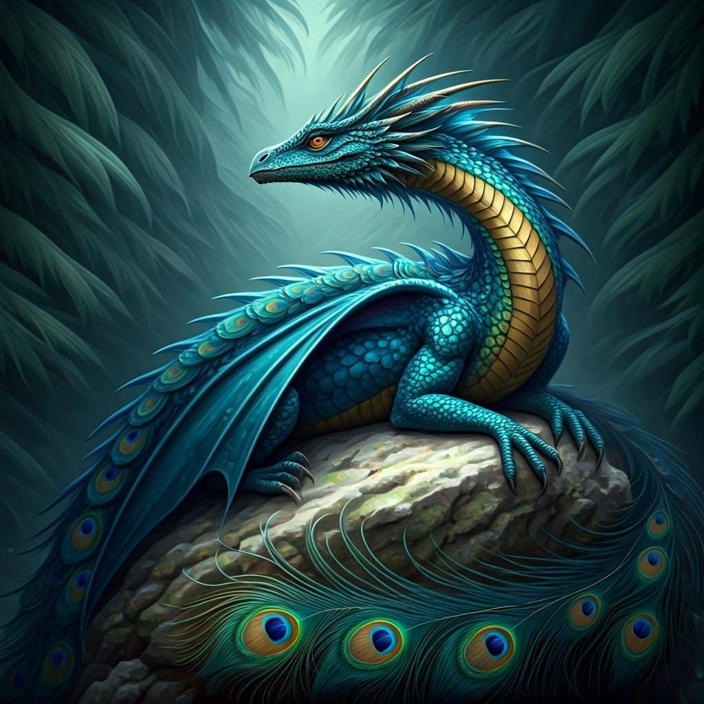 Blue and Green Dragon with Peacock Feathers in Ethereal Fant...