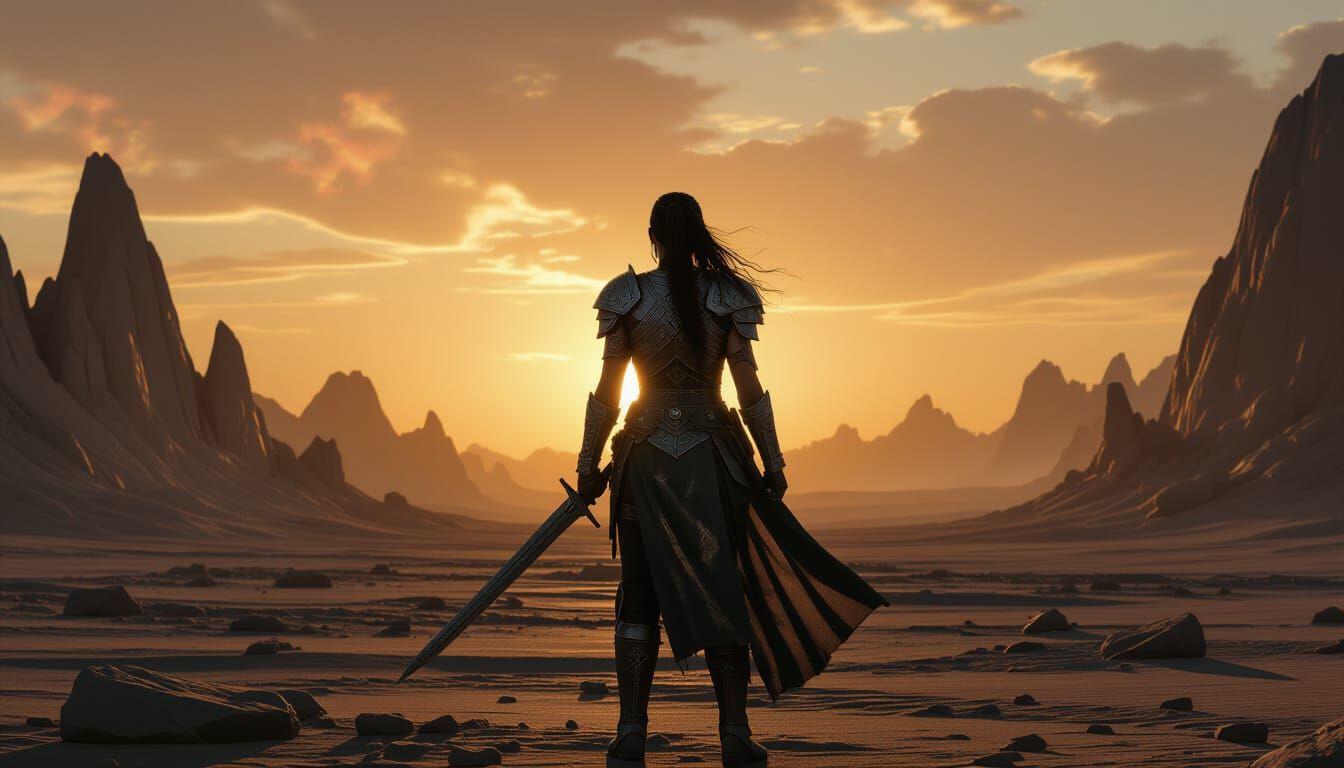 Warrior Princess on Alien Planet at Binary Sunset