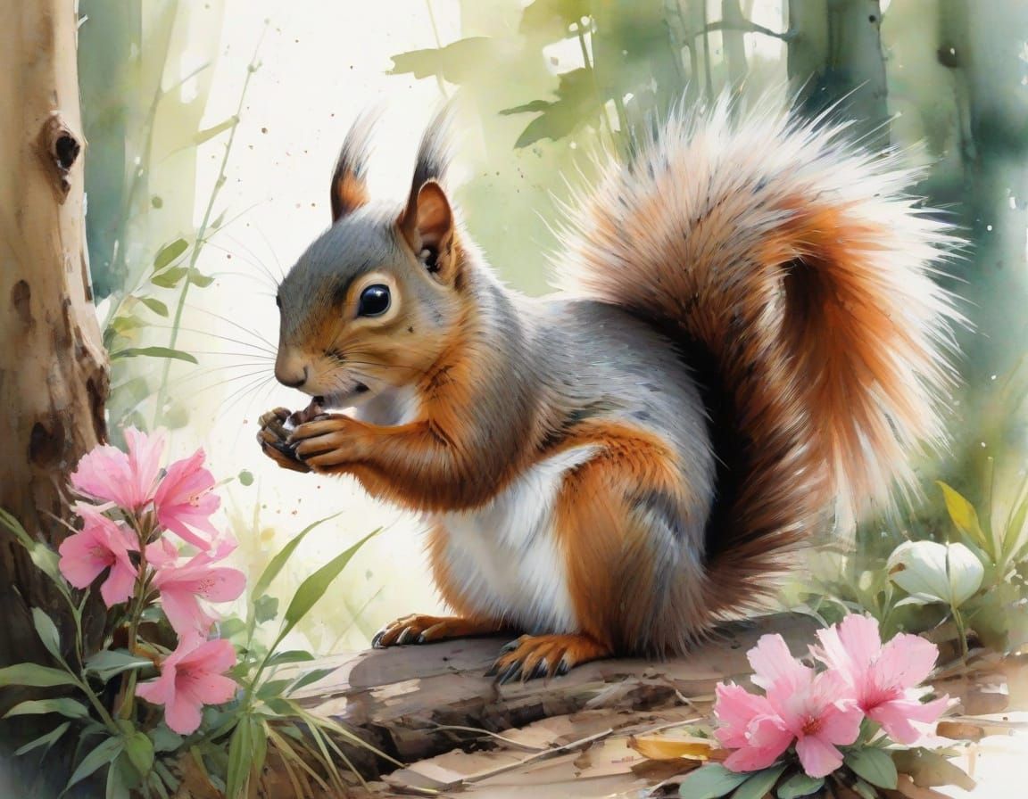 Squirrel Foraging in Spring, Watercolor Illustration