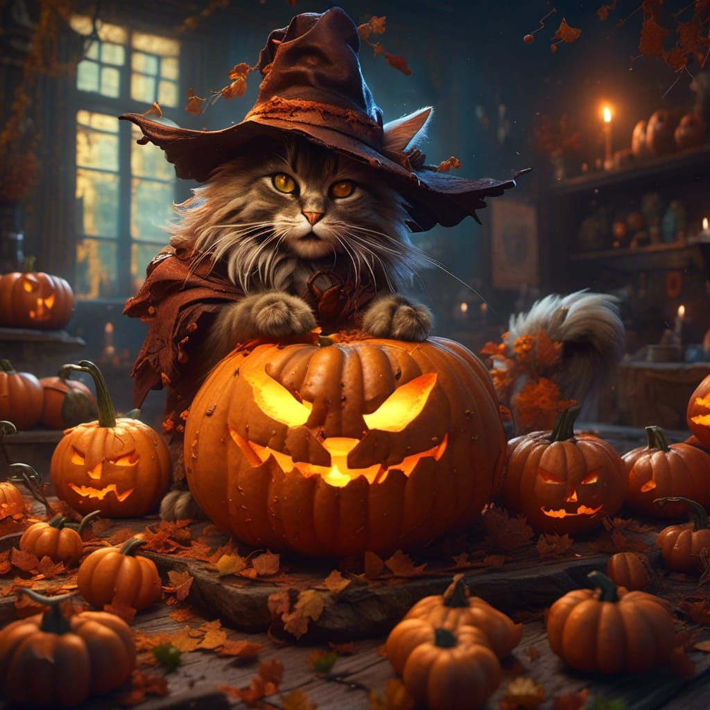 Catgirl Witch Carving a Cat-o-Lantern, Hyperrealistic Art