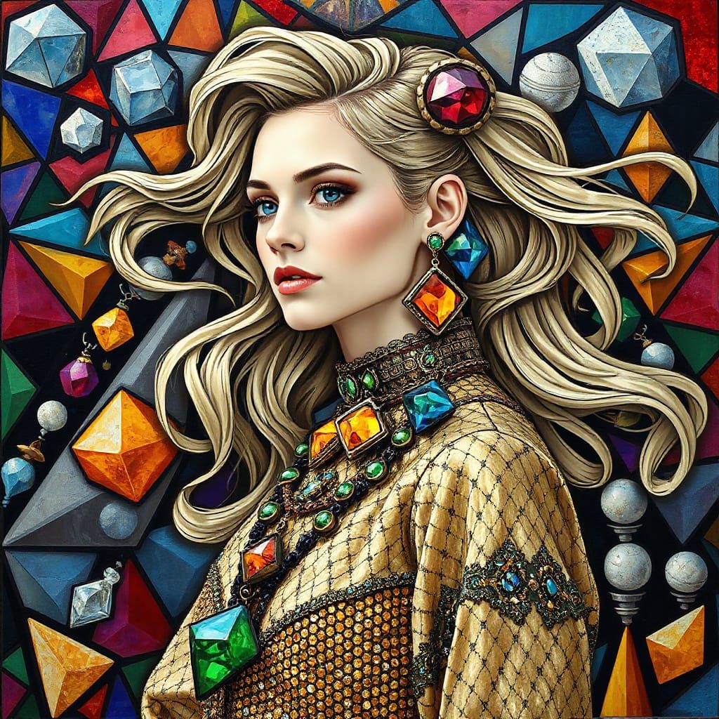 Woman with Geometric Trinkets in Stained-Glass Style