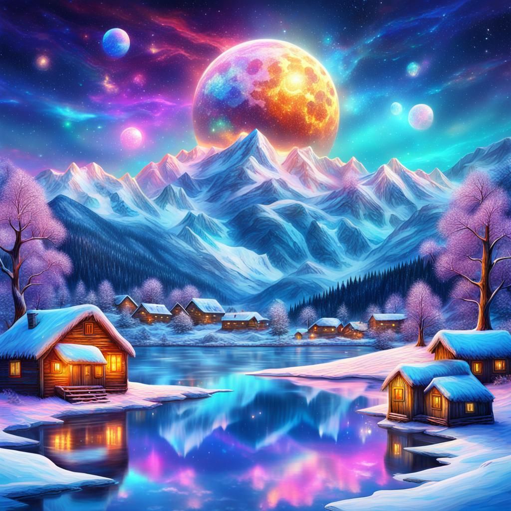 Village on Iced Lake: Cosmic Illustration
