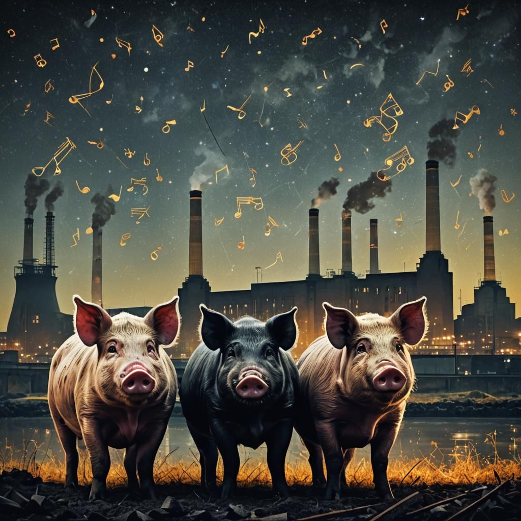 Pigs by Battersea Power Station in Double Exposure