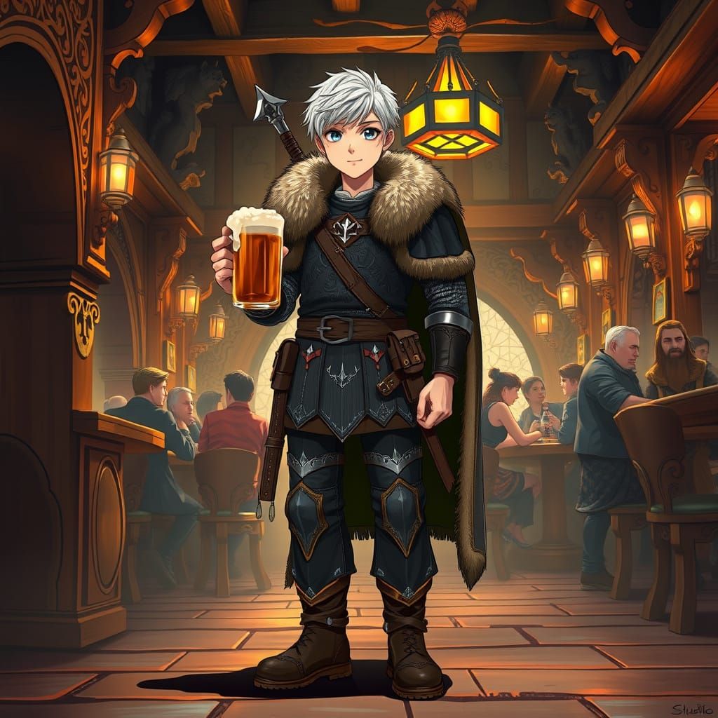 Young Witcher in Tavern, Anime Style Illustration