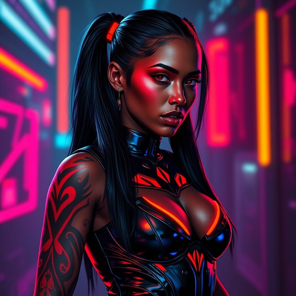 Cyberpunk Goddess in Neon Lit Darkness