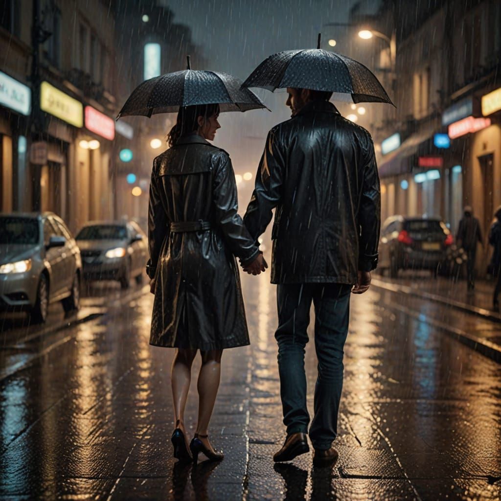 Romantic Couple Holding Hands in Cinematic Rainy City Scene
