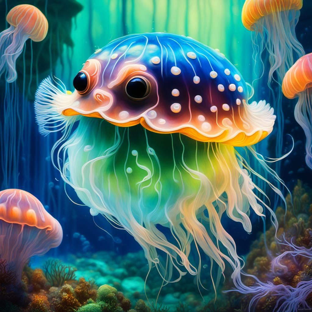 Enchanted Ocean Forest with Art Deco Puffer Fish