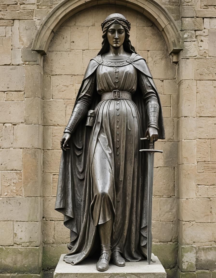 Medieval Lady Statue with Sword in Relief Carving Style