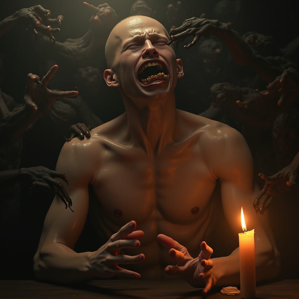 Anguished Hero Beset by Twisted Demons in Golden Light