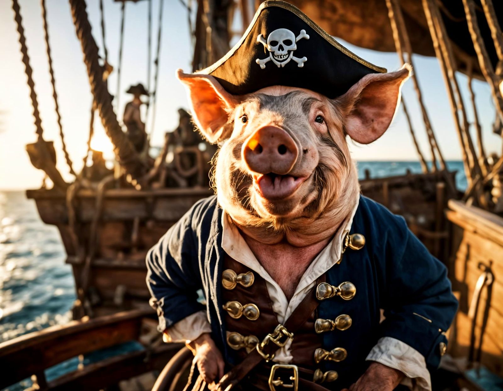 Anthropomorphic Pig Pirate on Deck in Cinematic Style