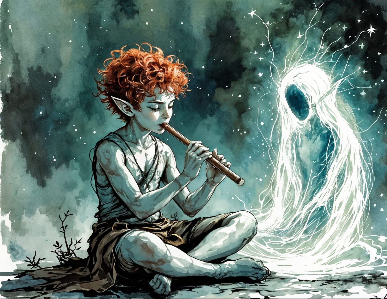 Ethereal Halfling Serenade in Abstract Ink Style