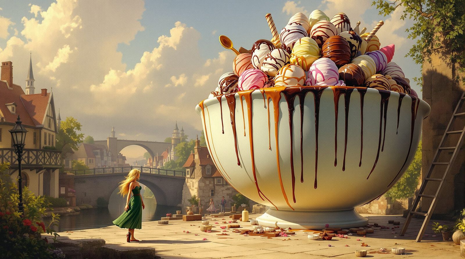 Blonde Fairy Beside Giant Ice Cream Bowl