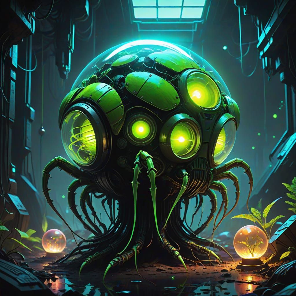 Futuristic Biomechanical Xeno Flytrap with Neon Lights