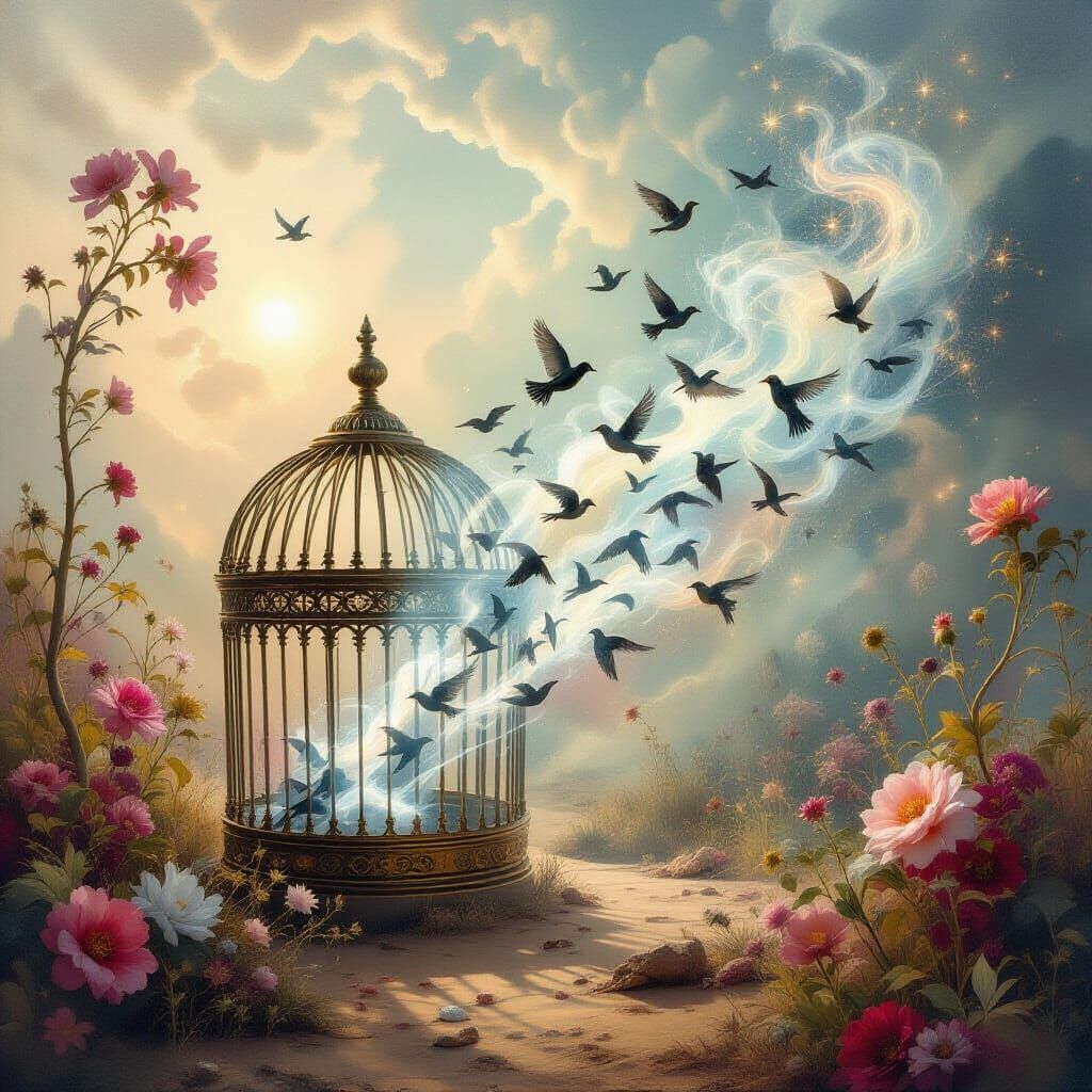 Spectral Birds Escape Vortex in Surreal Impasto Painting