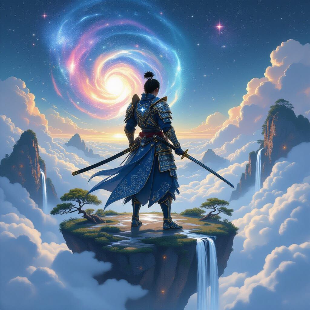 Celestial Samurai Warrior Gazing at Nebula Landscape