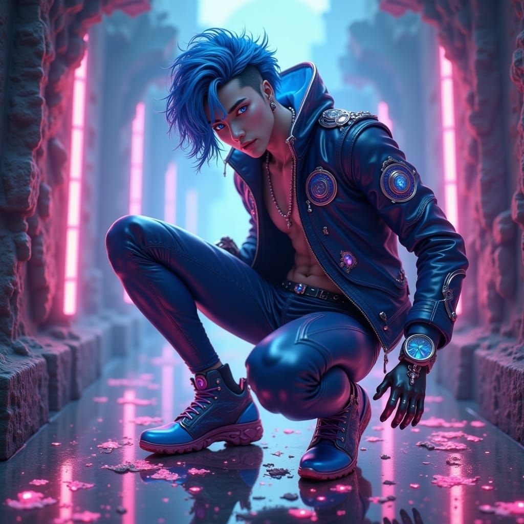 Surreal Blue Neon Fantasy Figure in a Detailed Matte Paintin...