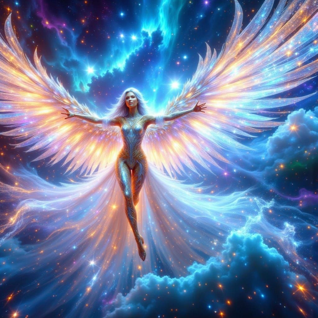 Majestic Star Angel in Celestial Aurora Landscape