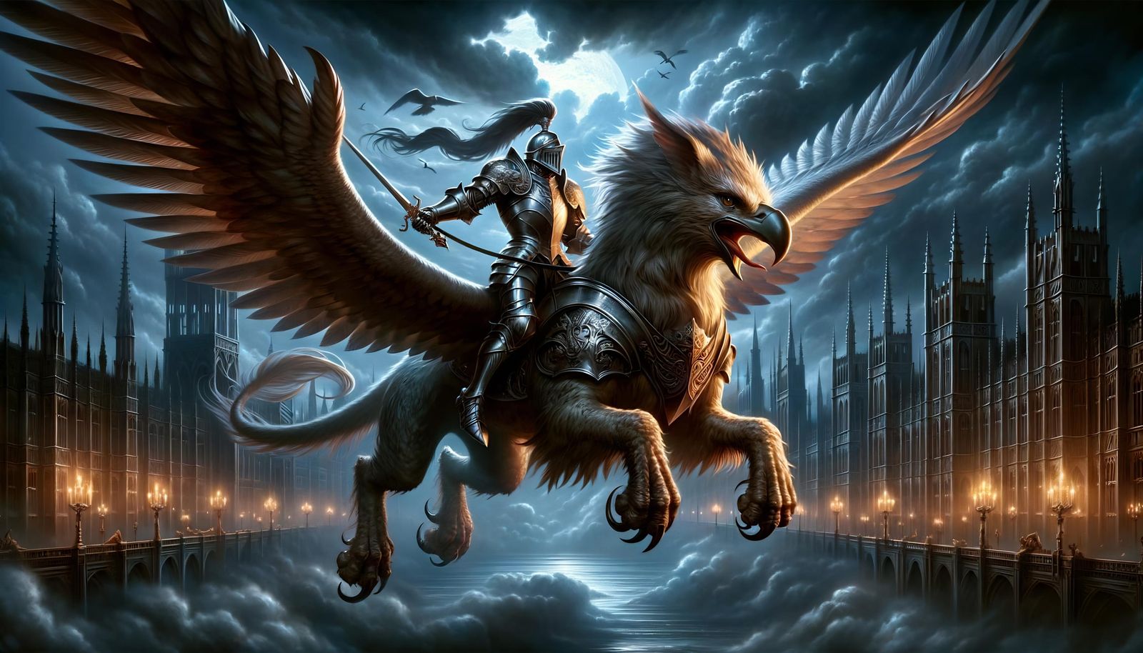 Knight on Griffin Over Gothic Cityscape