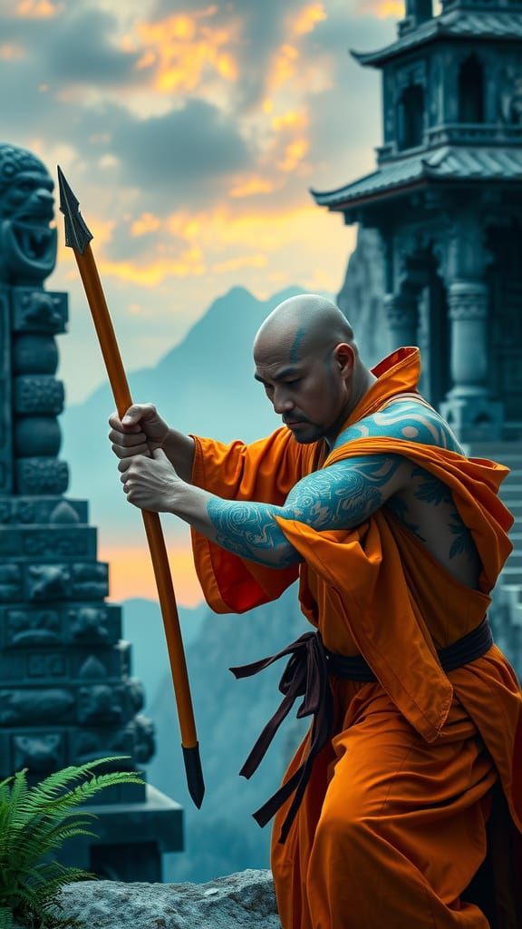 Fantasy Shaolin Monk Practicing Martial Arts