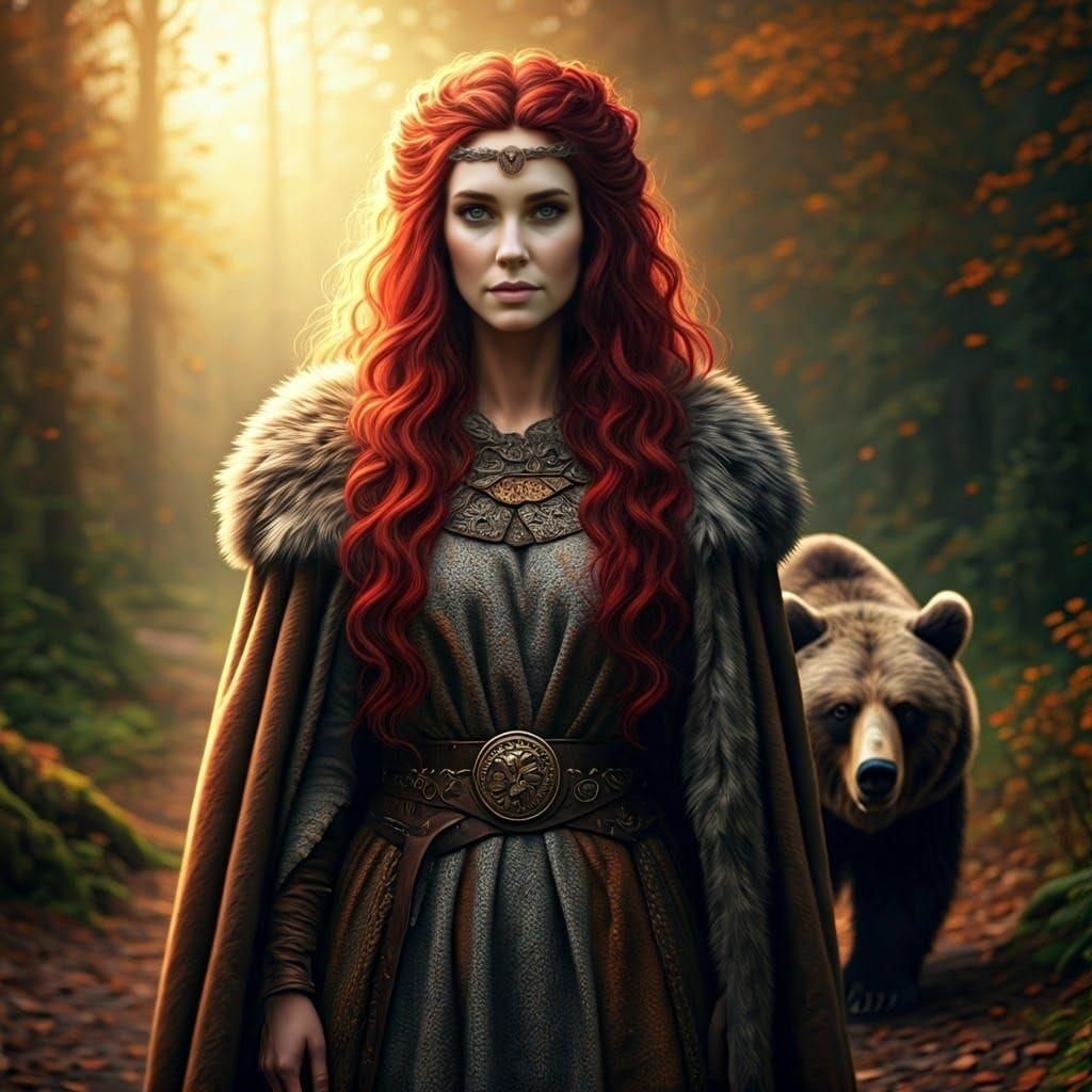 Celtic Bear Goddess Andarta in Forest, Digital Art