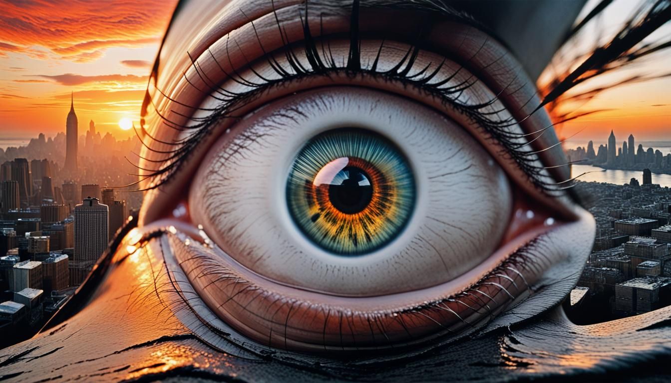 Eye and Sunset Cityscape: Macro Visual Synthesis