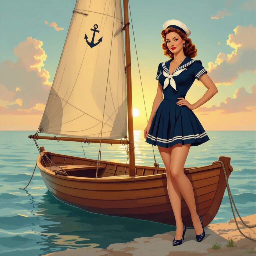 Vintage Pin-Up Sailor Woman by Sailing Dinghy at Sunset