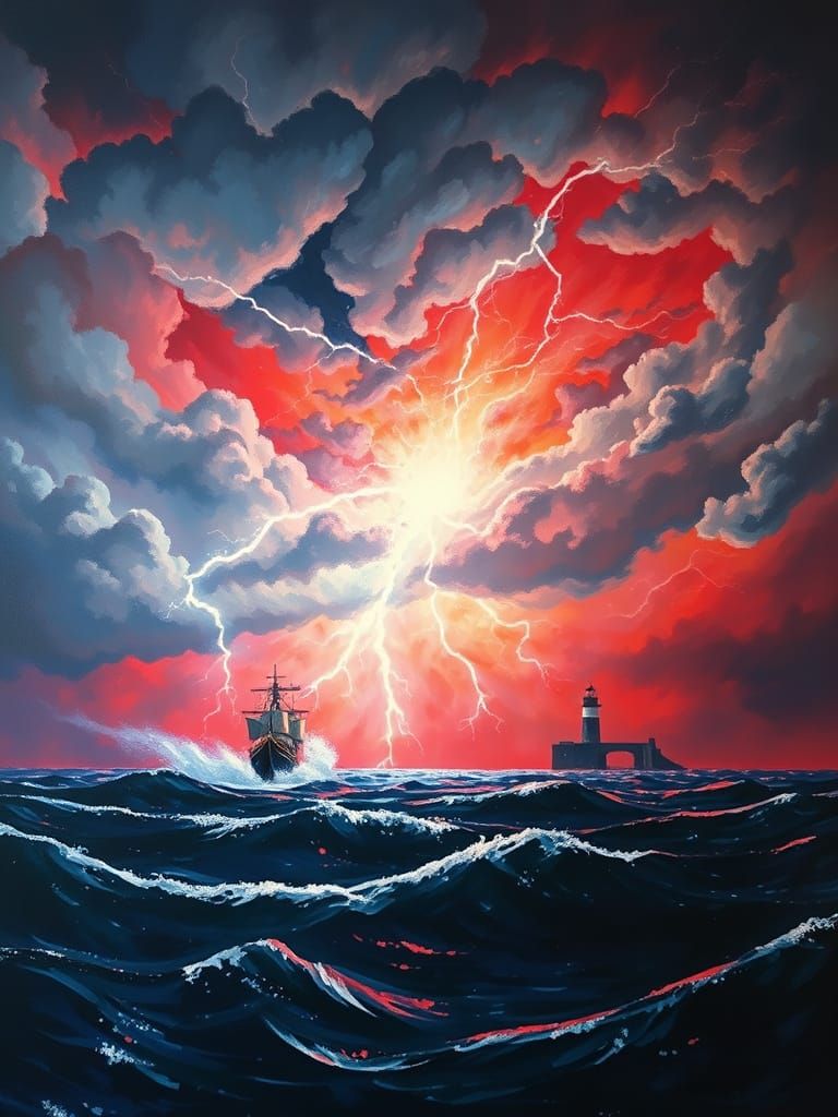 Dramatic Stormy Sea Painting: Ship, Lighthouse, and Lightnin...