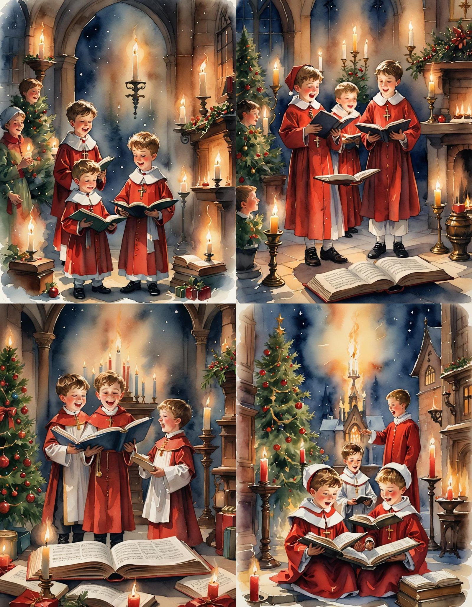 Choir Boys Singing Christmas Carols Watercolor Illustration