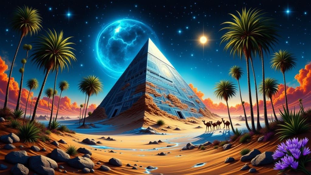 Futuristic Egyptian Desert Landscape with Circuit Pyramids