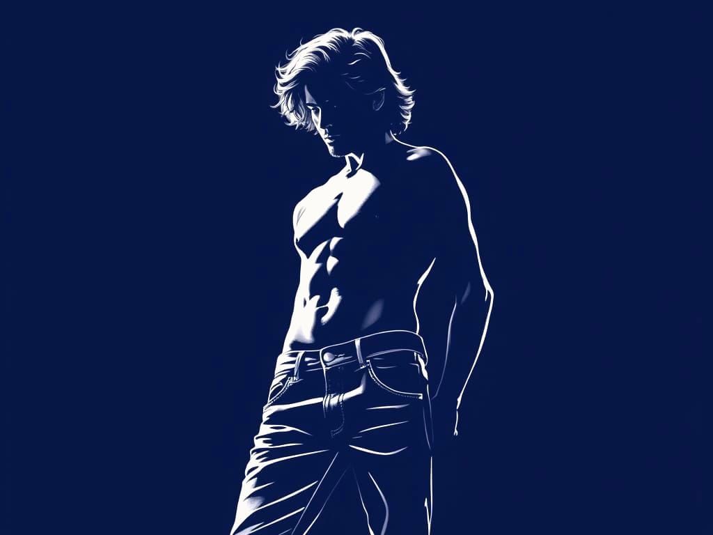 Handsome Man Silhouette in Blue and White Ink Illustration