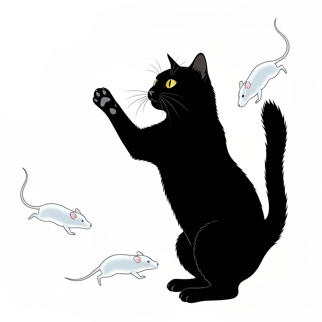 Black Cat Swatting Ghostly Mice in Playful Scene