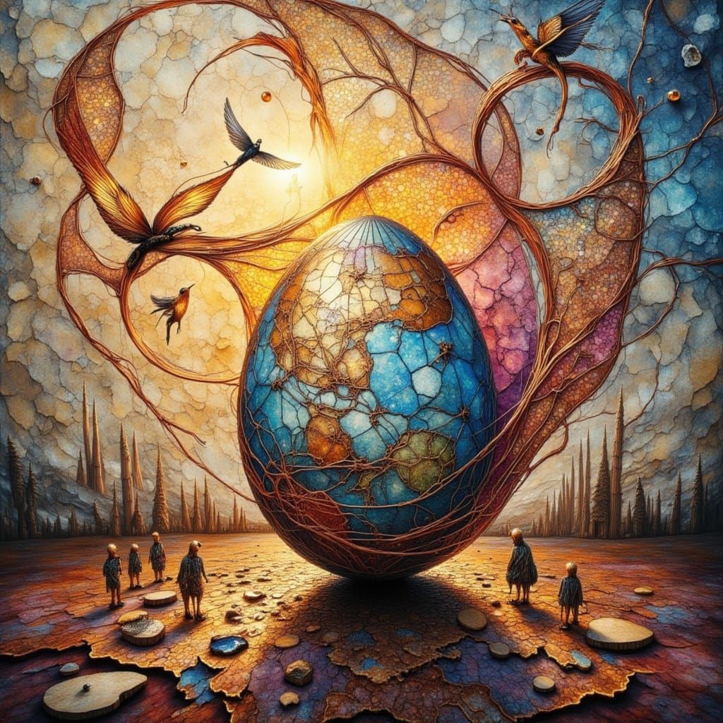 Surreal Landscape of a Hatching Egg in Photorealistic Mosaic...