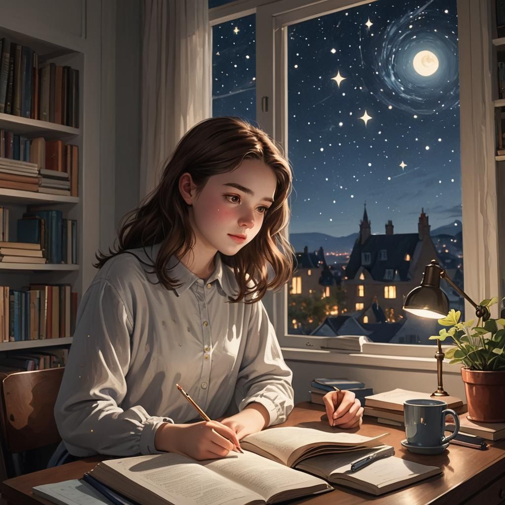 Studious Girl in Twinkling Room, Anime Style