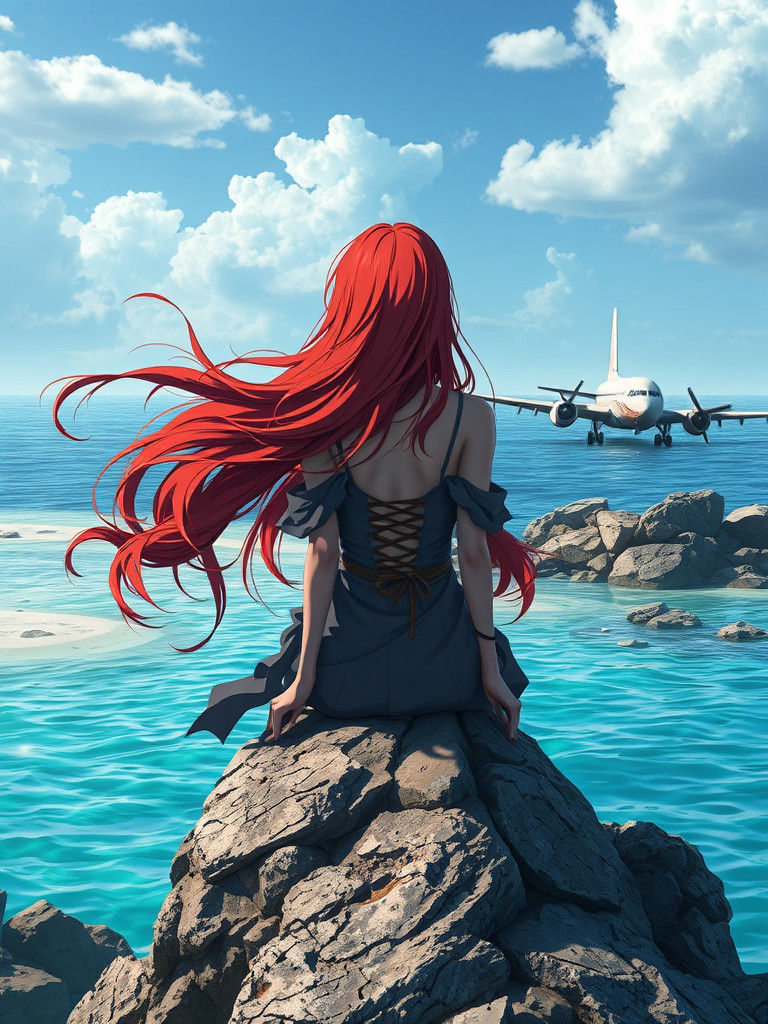 Red-Haired Anime Figure on Island, Genshin Impact Style