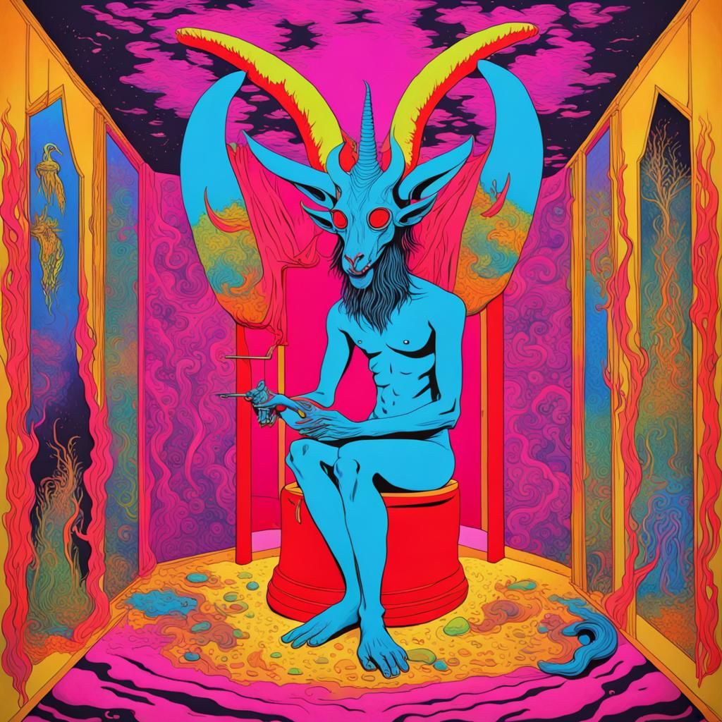 Baphomet on Toilet in Psychedelic Art Style