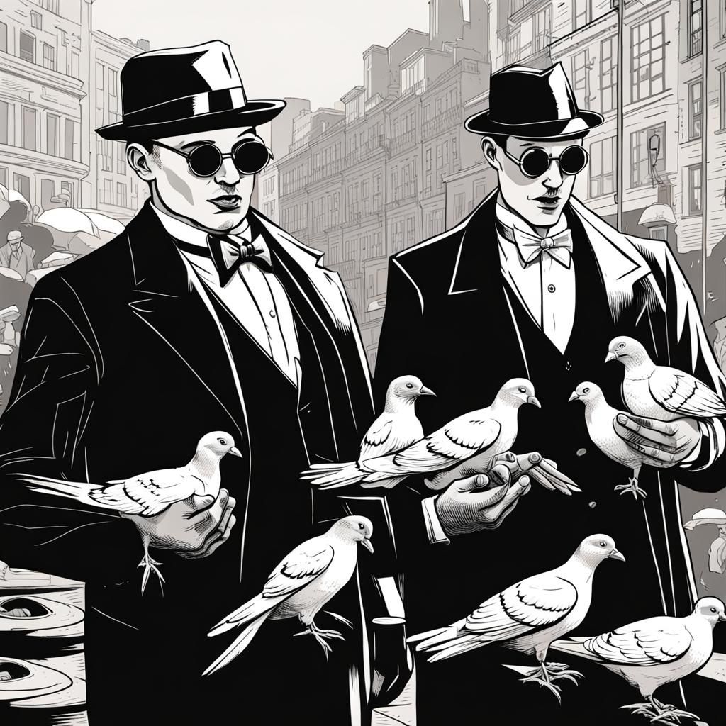 1920s Gangsters Feeding Pigeons in Comic Style
