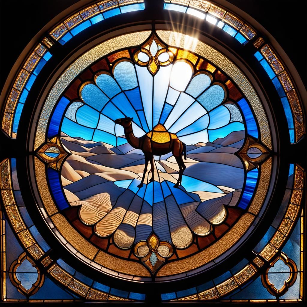 Camel Stained Glass in Desert Oasis