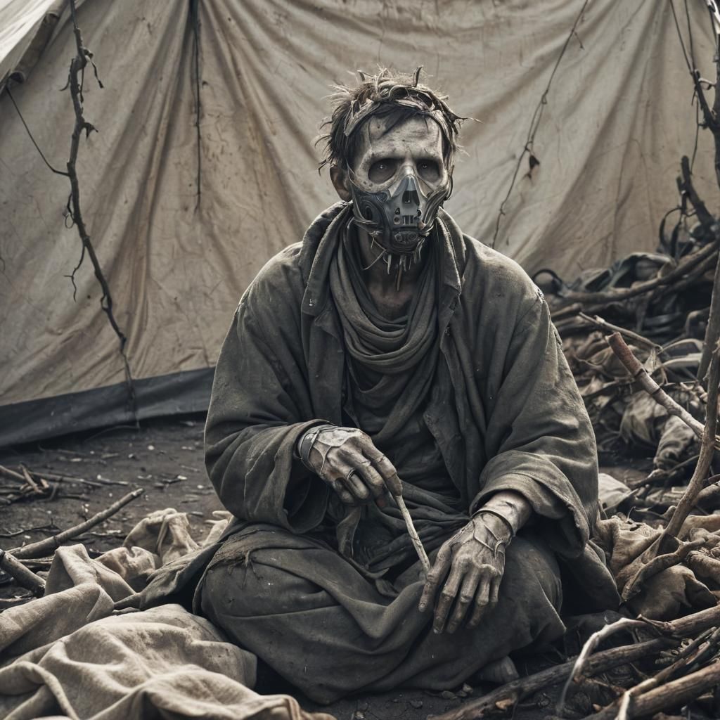 Apocalyptic Nuclear Survivor in Post-Apocalyptic Landscape