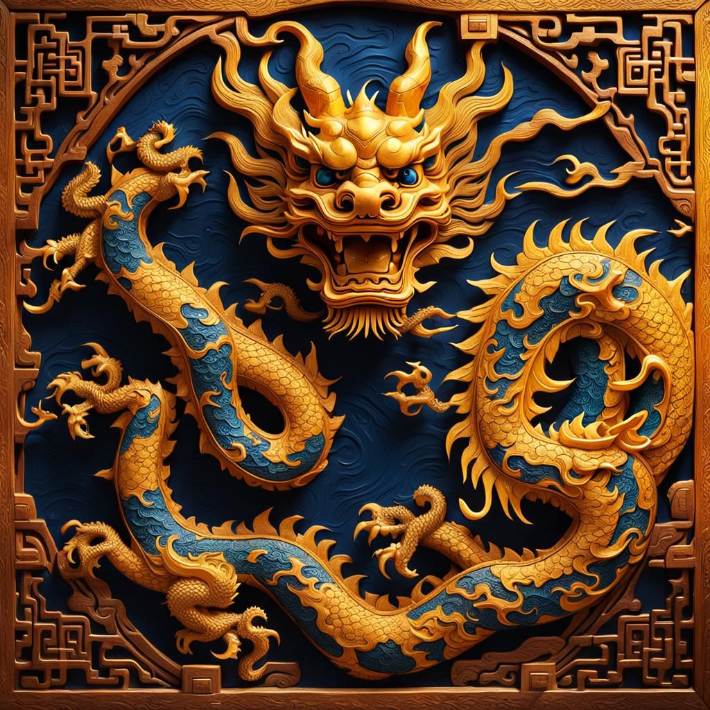 Ornate Chinese Dragon Wood Carving with Glaze
