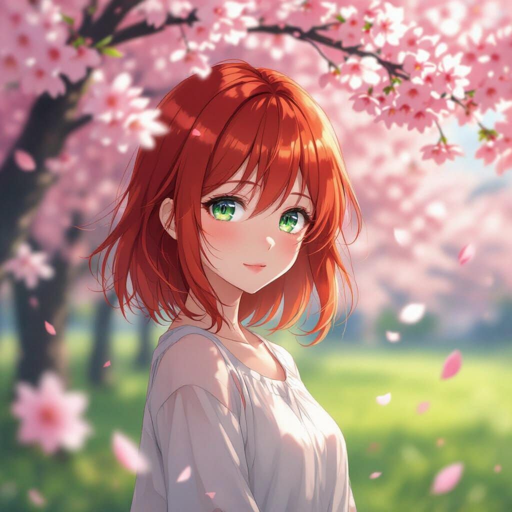 Anime Girl With Red Hair Amidst Cherry Blossoms