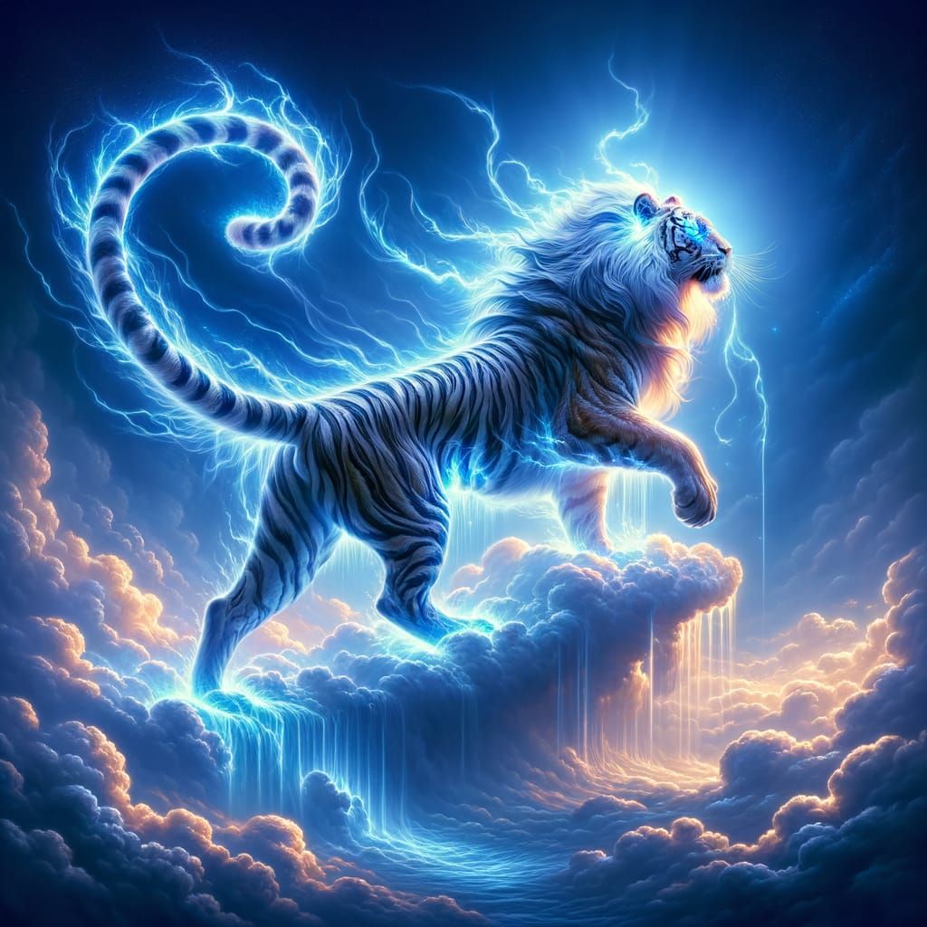 Majestic Blue Lightning Tiger Ascends Clouds