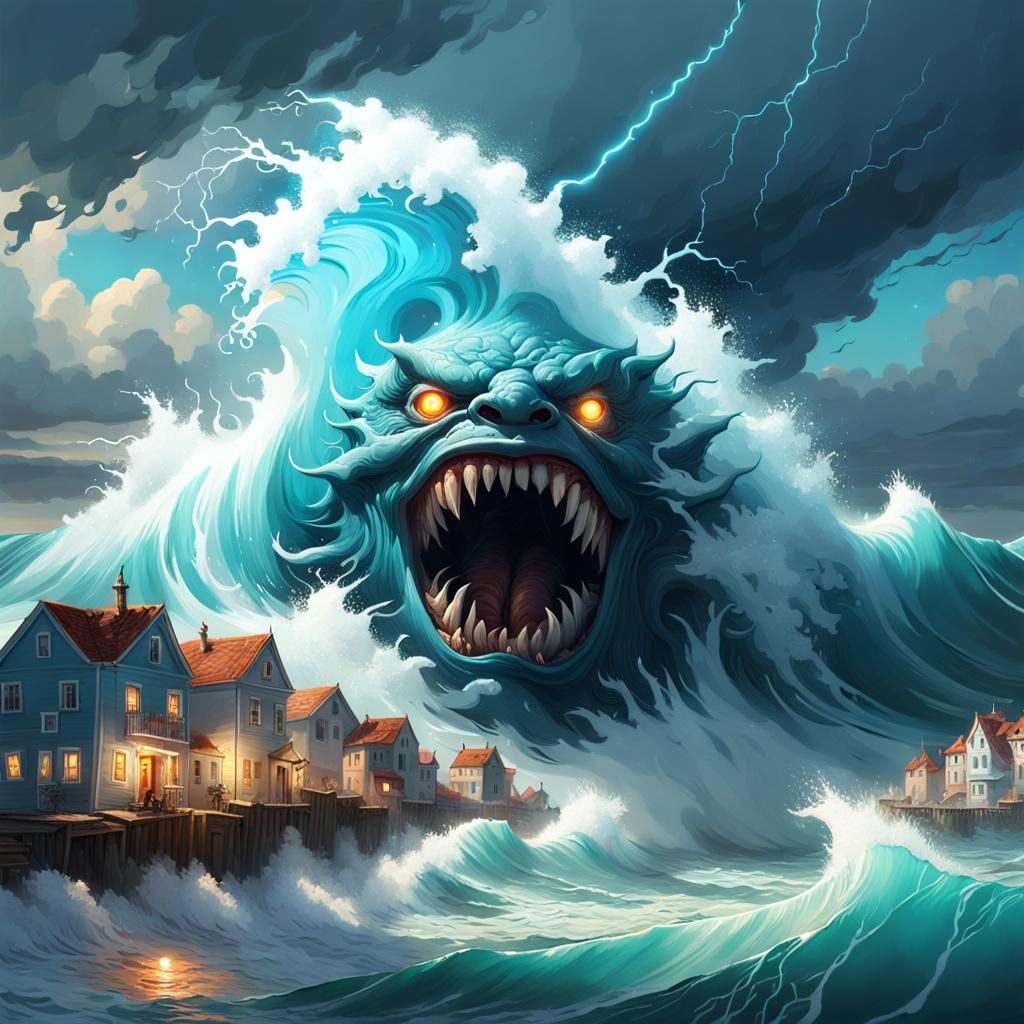 Ocean Wave Monster Crashing into Village