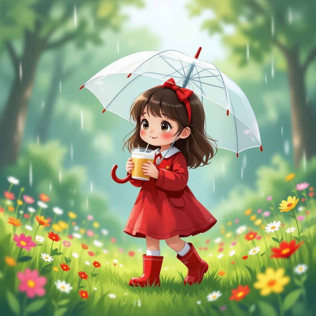 Girl with Umbrella in Dreamy Rainforest, Pencil Art