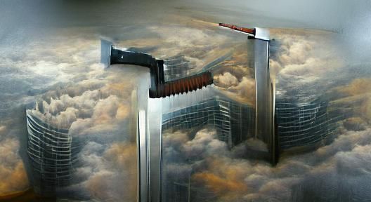 Hyperrealistic Skyscraper Sword Cuts Through Clouds