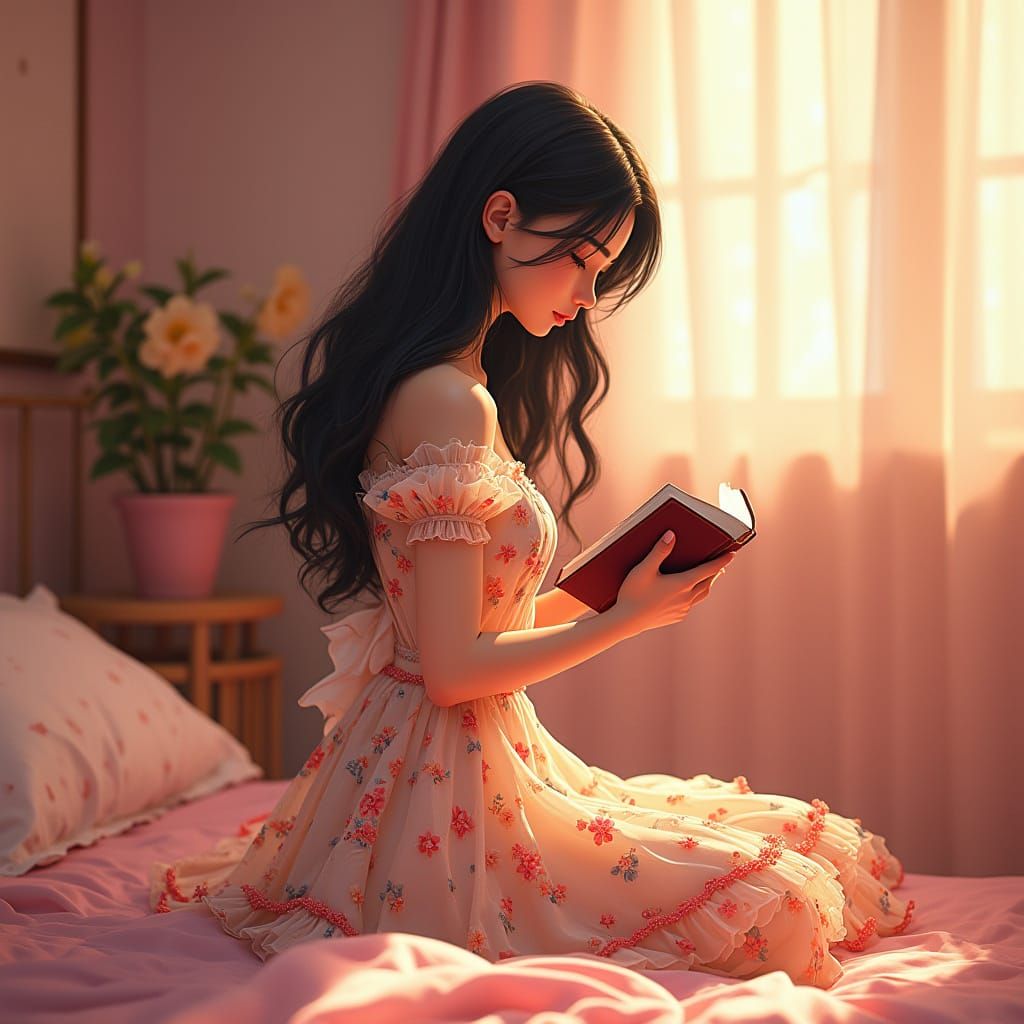Serene Young Woman in Cozy Pink Bedroom