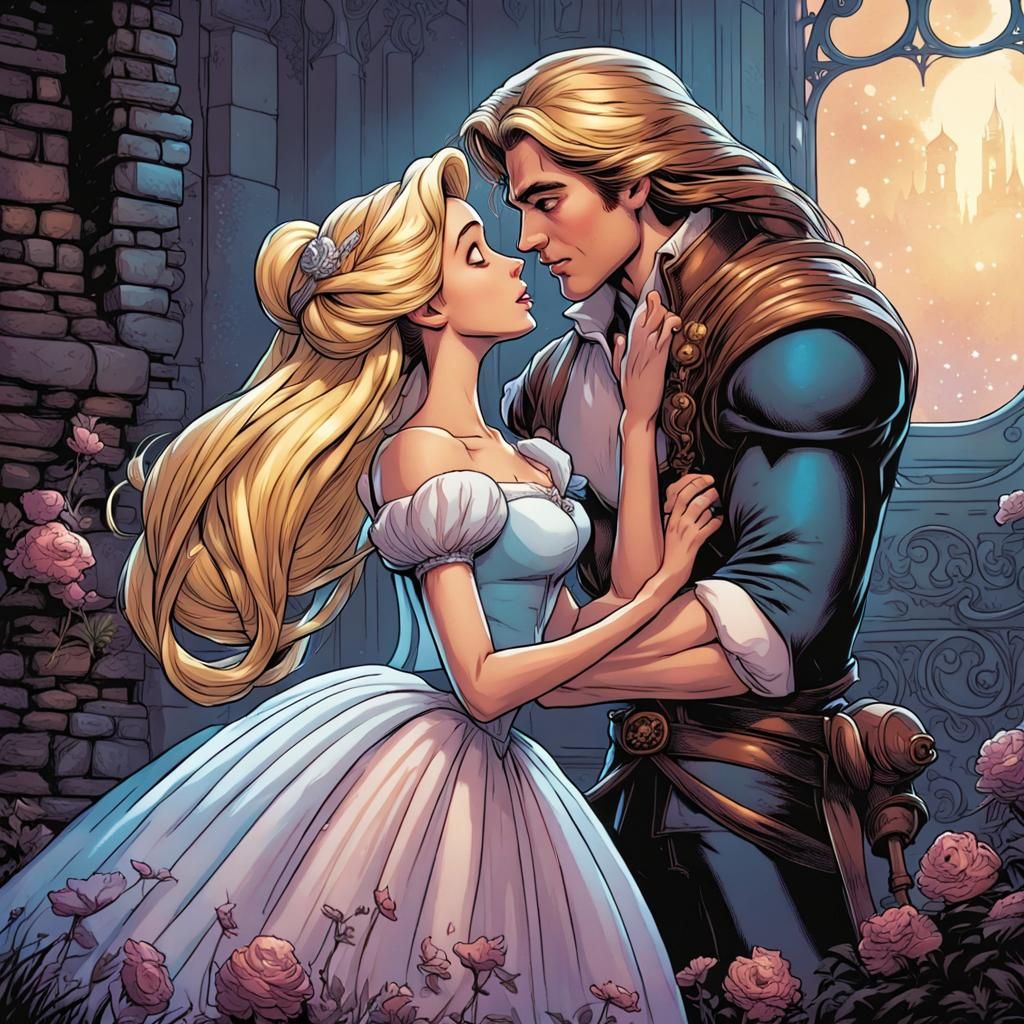 Rapunzel and Cinderella Kiss in Comic Book Art