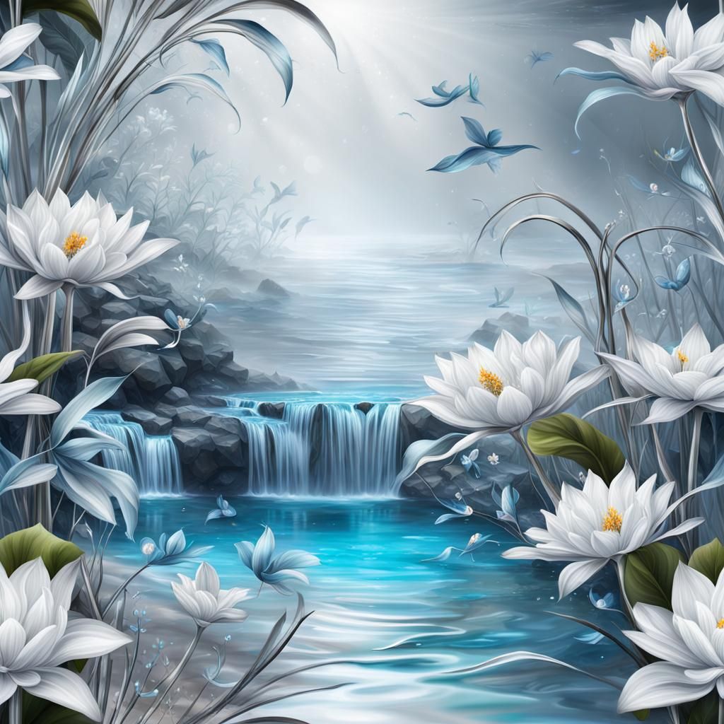 Fantasy Scene with Water, Flowers and Leaves